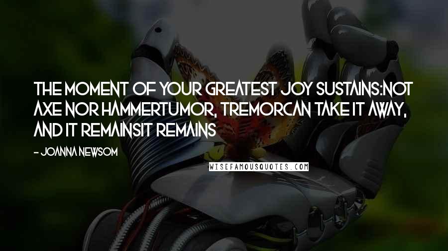 Joanna Newsom Quotes: The moment of your greatest joy sustains:Not axe nor hammerTumor, tremorCan take it away, and it remainsIt remains