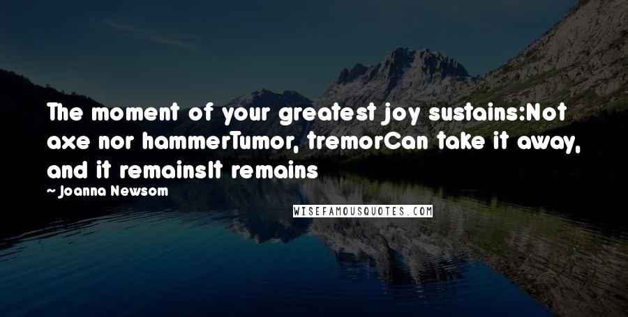 Joanna Newsom Quotes: The moment of your greatest joy sustains:Not axe nor hammerTumor, tremorCan take it away, and it remainsIt remains