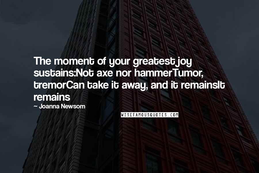 Joanna Newsom Quotes: The moment of your greatest joy sustains:Not axe nor hammerTumor, tremorCan take it away, and it remainsIt remains