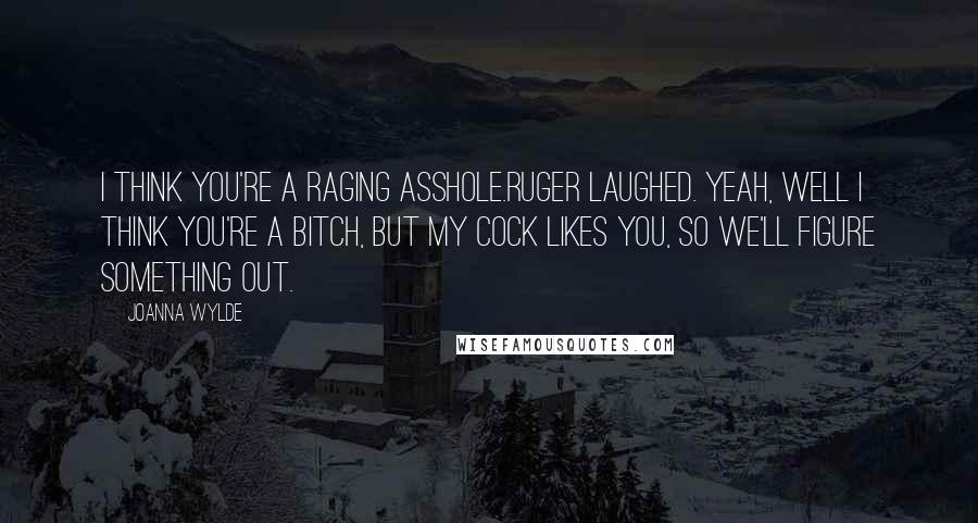 Joanna Wylde Quotes: I think you're a raging asshole.Ruger laughed. Yeah, well I think you're a bitch, but my cock likes you, so we'll figure something out.