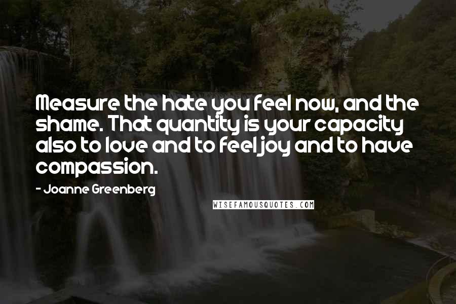 Joanne Greenberg Quotes: Measure the hate you feel now, and the shame. That quantity is your capacity also to love and to feel joy and to have compassion.