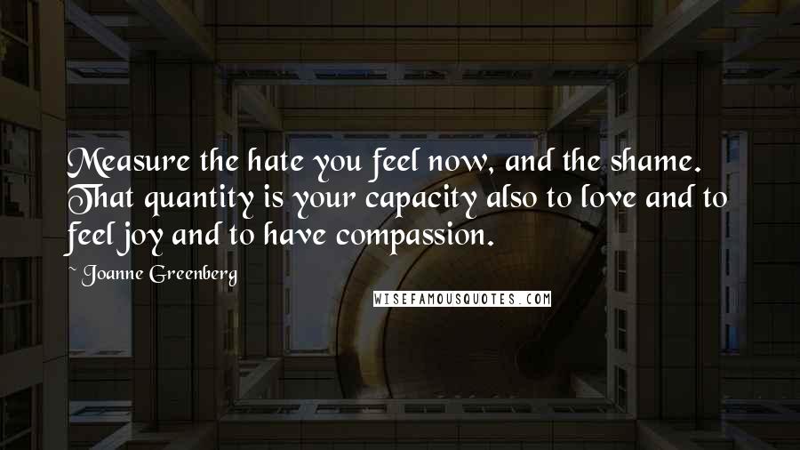 Joanne Greenberg Quotes: Measure the hate you feel now, and the shame. That quantity is your capacity also to love and to feel joy and to have compassion.