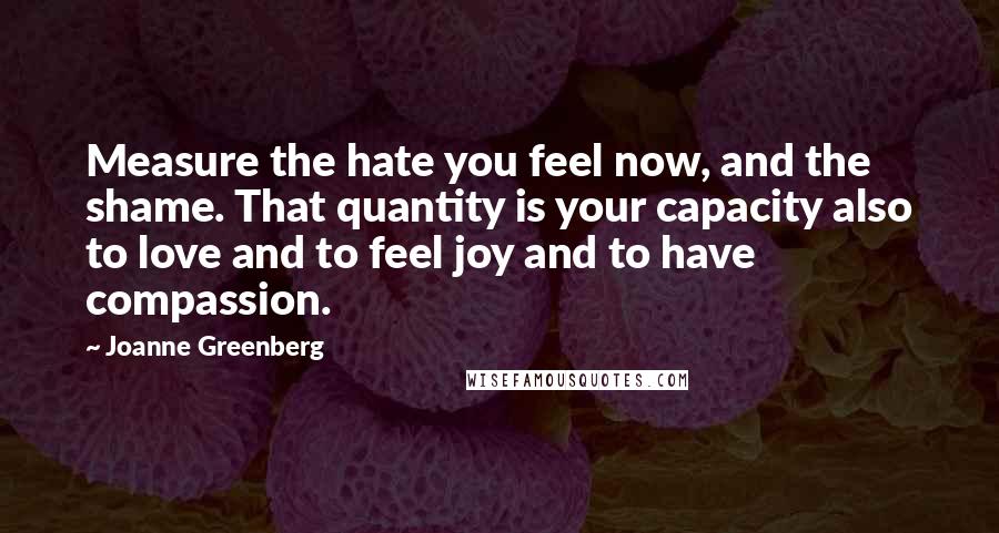 Joanne Greenberg Quotes: Measure the hate you feel now, and the shame. That quantity is your capacity also to love and to feel joy and to have compassion.