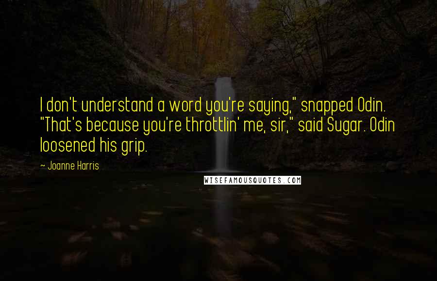 Joanne Harris Quotes: I don't understand a word you're saying," snapped Odin.  "That's because you're throttlin' me, sir," said Sugar. Odin loosened his grip.