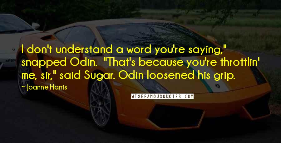 Joanne Harris Quotes: I don't understand a word you're saying," snapped Odin.  "That's because you're throttlin' me, sir," said Sugar. Odin loosened his grip.