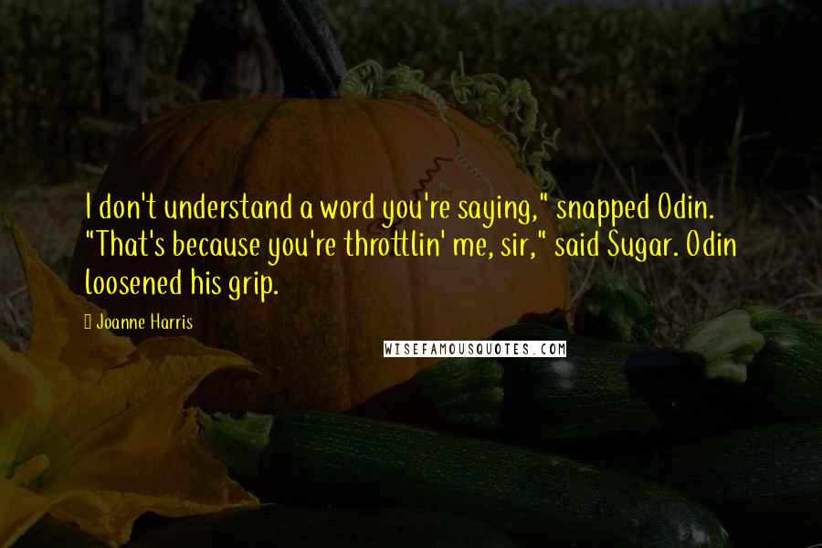 Joanne Harris Quotes: I don't understand a word you're saying," snapped Odin.  "That's because you're throttlin' me, sir," said Sugar. Odin loosened his grip.