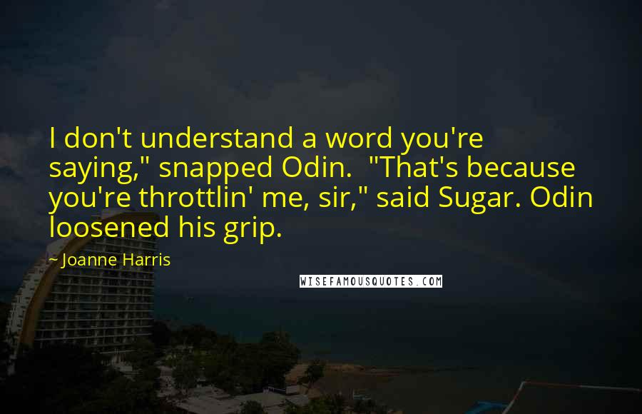 Joanne Harris Quotes: I don't understand a word you're saying," snapped Odin.  "That's because you're throttlin' me, sir," said Sugar. Odin loosened his grip.