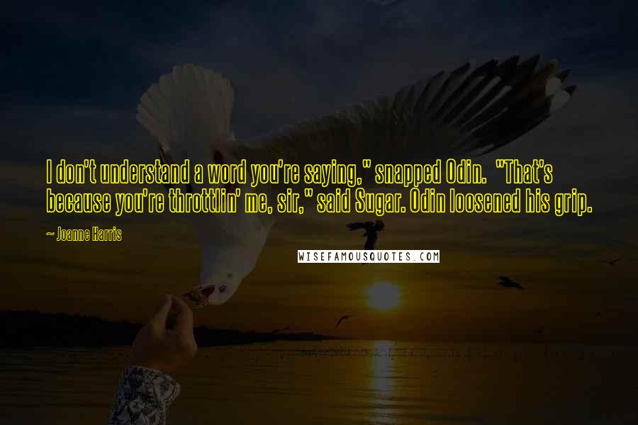 Joanne Harris Quotes: I don't understand a word you're saying," snapped Odin.  "That's because you're throttlin' me, sir," said Sugar. Odin loosened his grip.