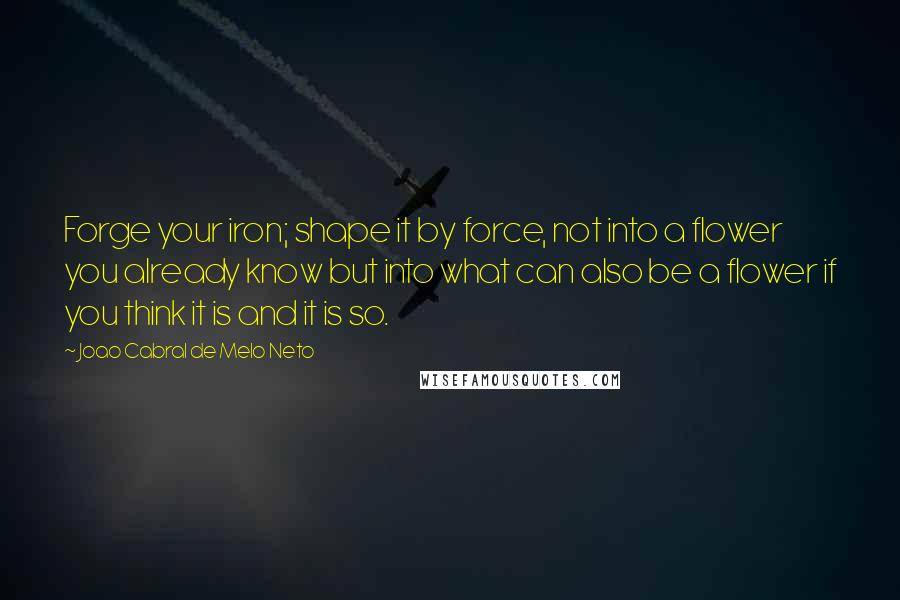 Joao Cabral De Melo Neto Quotes: Forge your iron; shape it by force, not into a flower you already know but into what can also be a flower if you think it is and it is so.