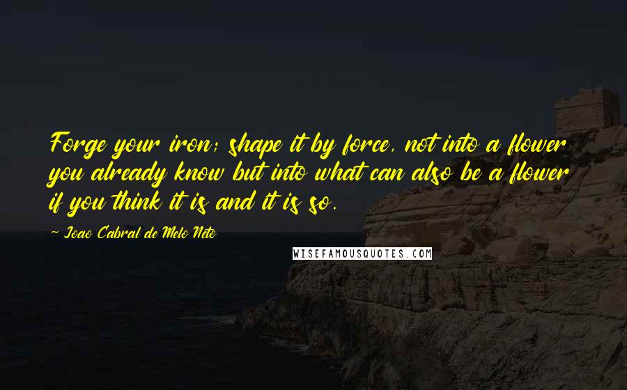 Joao Cabral De Melo Neto Quotes: Forge your iron; shape it by force, not into a flower you already know but into what can also be a flower if you think it is and it is so.