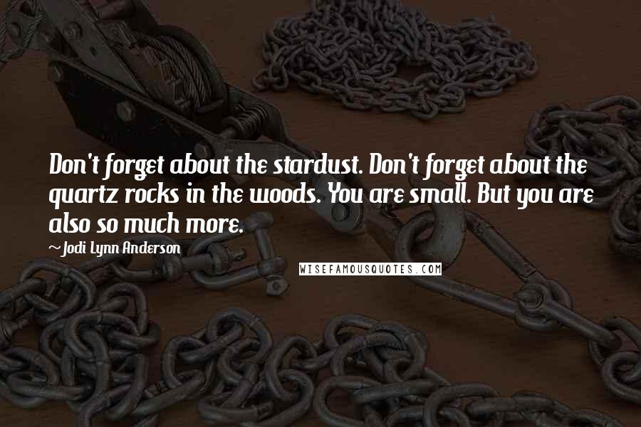 Jodi Lynn Anderson Quotes: Don't forget about the stardust. Don't forget about the quartz rocks in the woods. You are small. But you are also so much more.