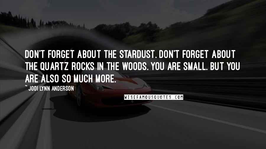 Jodi Lynn Anderson Quotes: Don't forget about the stardust. Don't forget about the quartz rocks in the woods. You are small. But you are also so much more.