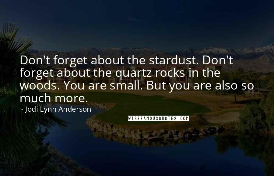 Jodi Lynn Anderson Quotes: Don't forget about the stardust. Don't forget about the quartz rocks in the woods. You are small. But you are also so much more.