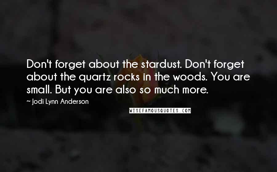 Jodi Lynn Anderson Quotes: Don't forget about the stardust. Don't forget about the quartz rocks in the woods. You are small. But you are also so much more.