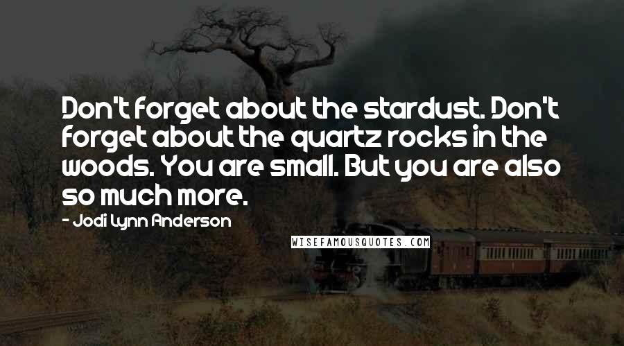 Jodi Lynn Anderson Quotes: Don't forget about the stardust. Don't forget about the quartz rocks in the woods. You are small. But you are also so much more.