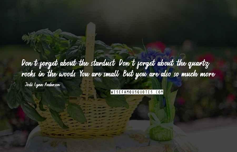 Jodi Lynn Anderson Quotes: Don't forget about the stardust. Don't forget about the quartz rocks in the woods. You are small. But you are also so much more.