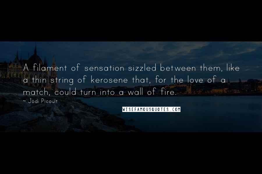 Jodi Picoult Quotes: A filament of sensation sizzled between them, like a thin string of kerosene that, for the love of a match, could turn into a wall of fire.