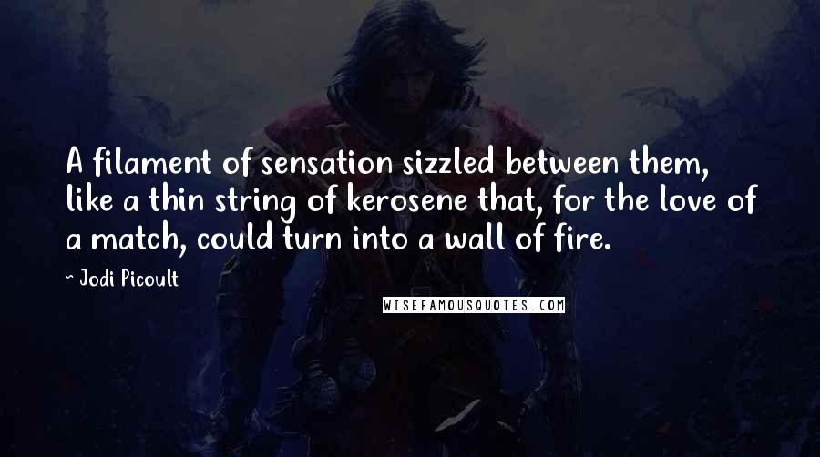 Jodi Picoult Quotes: A filament of sensation sizzled between them, like a thin string of kerosene that, for the love of a match, could turn into a wall of fire.