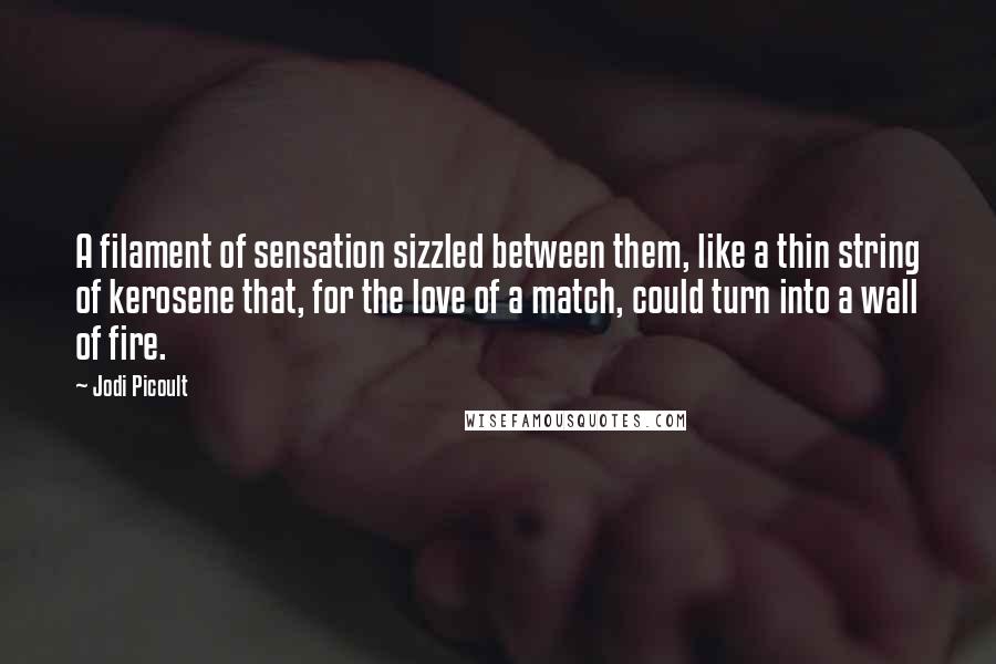 Jodi Picoult Quotes: A filament of sensation sizzled between them, like a thin string of kerosene that, for the love of a match, could turn into a wall of fire.