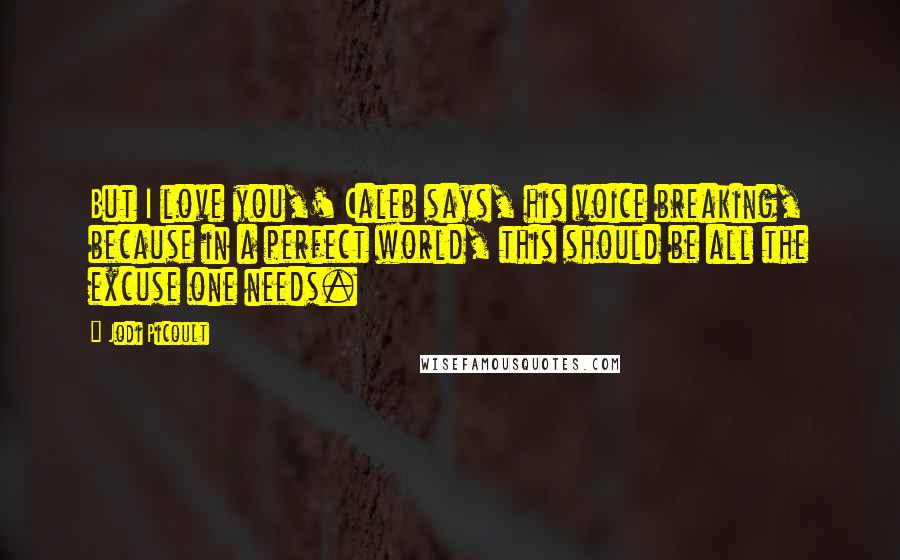 Jodi Picoult Quotes: But I love you,' Caleb says, his voice breaking, because in a perfect world, this should be all the excuse one needs.