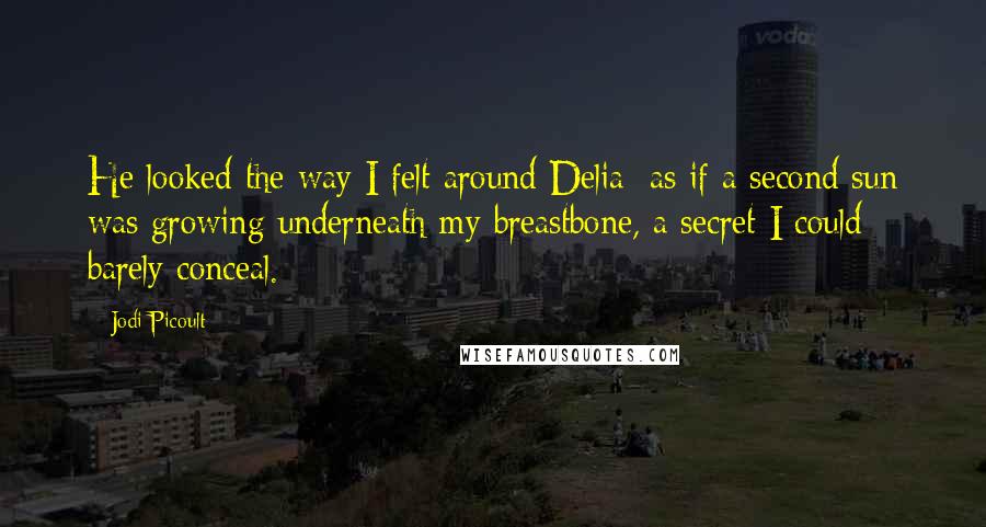 Jodi Picoult Quotes: He looked the way I felt around Delia: as if a second sun was growing underneath my breastbone, a secret I could barely conceal.