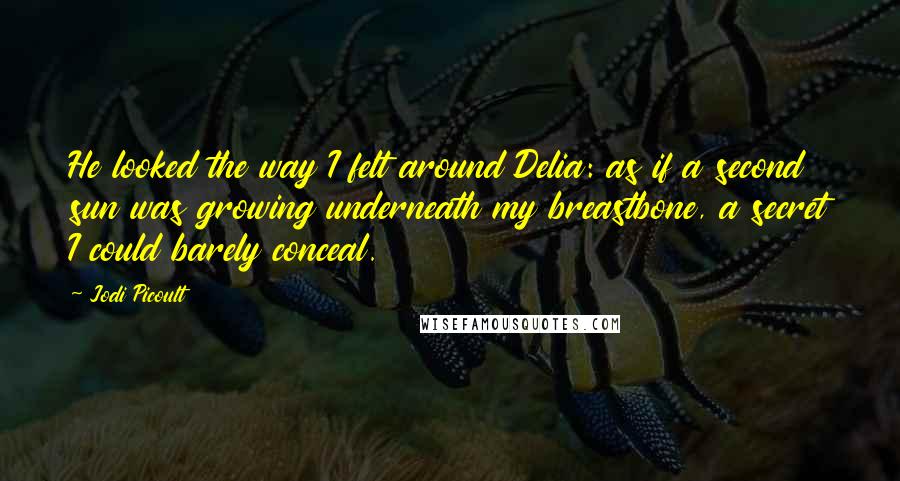 Jodi Picoult Quotes: He looked the way I felt around Delia: as if a second sun was growing underneath my breastbone, a secret I could barely conceal.