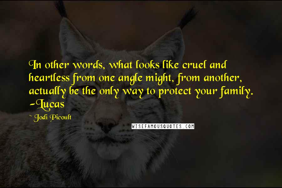 Jodi Picoult Quotes: In other words, what looks like cruel and heartless from one angle might, from another, actually be the only way to protect your family. -Lucas