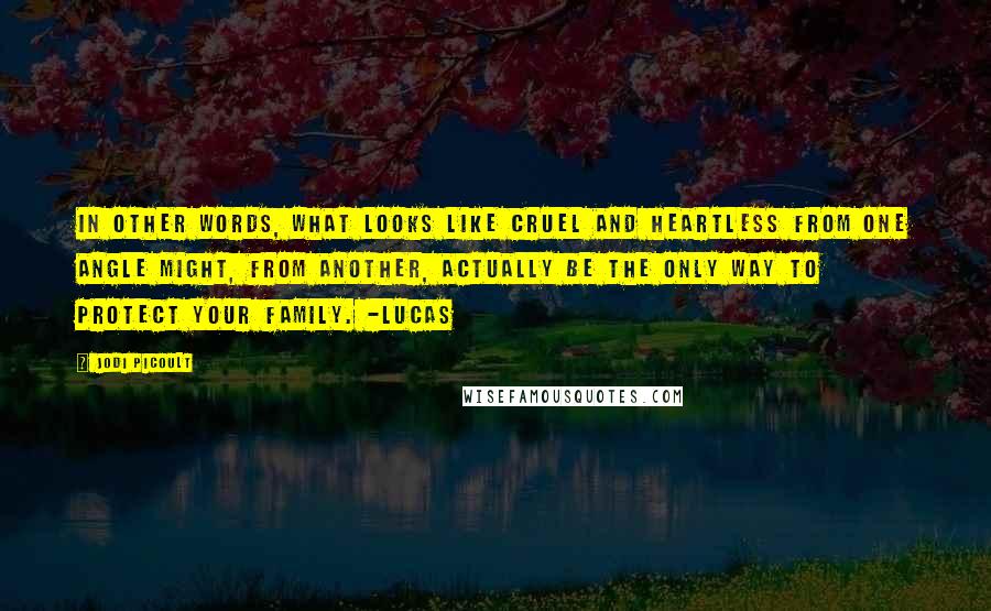 Jodi Picoult Quotes: In other words, what looks like cruel and heartless from one angle might, from another, actually be the only way to protect your family. -Lucas