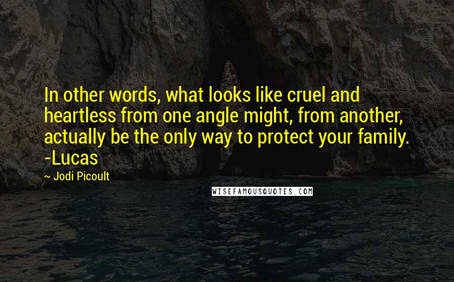 Jodi Picoult Quotes: In other words, what looks like cruel and heartless from one angle might, from another, actually be the only way to protect your family. -Lucas