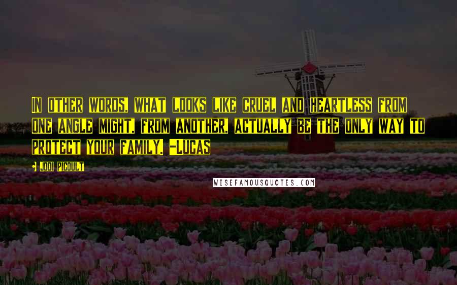 Jodi Picoult Quotes: In other words, what looks like cruel and heartless from one angle might, from another, actually be the only way to protect your family. -Lucas