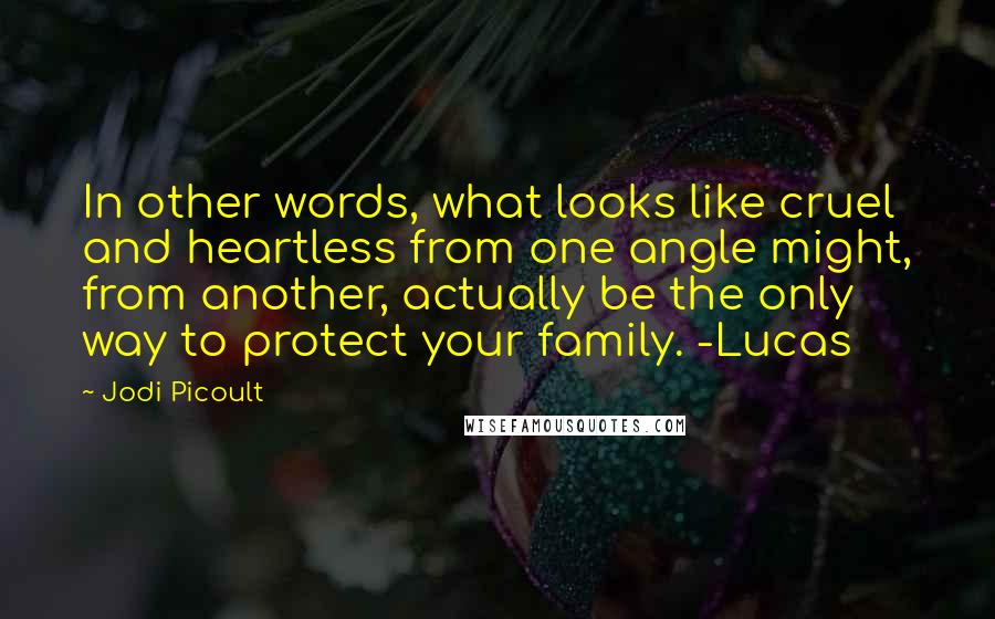 Jodi Picoult Quotes: In other words, what looks like cruel and heartless from one angle might, from another, actually be the only way to protect your family. -Lucas