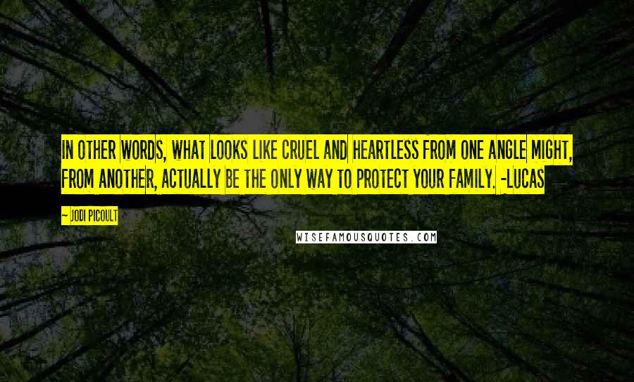 Jodi Picoult Quotes: In other words, what looks like cruel and heartless from one angle might, from another, actually be the only way to protect your family. -Lucas