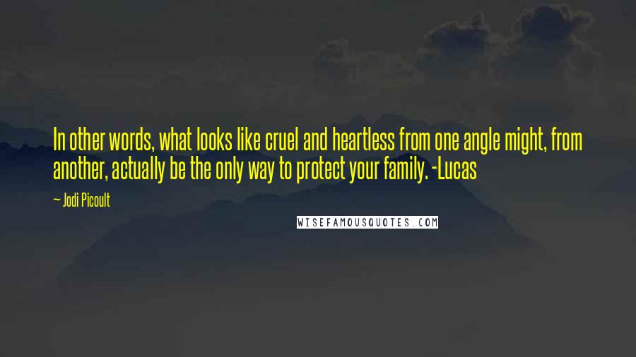 Jodi Picoult Quotes: In other words, what looks like cruel and heartless from one angle might, from another, actually be the only way to protect your family. -Lucas