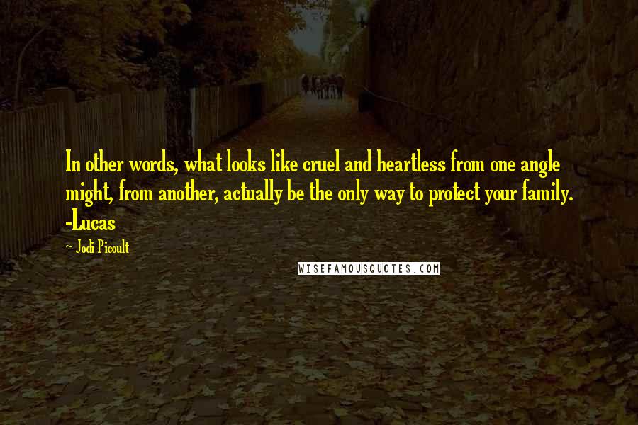 Jodi Picoult Quotes: In other words, what looks like cruel and heartless from one angle might, from another, actually be the only way to protect your family. -Lucas