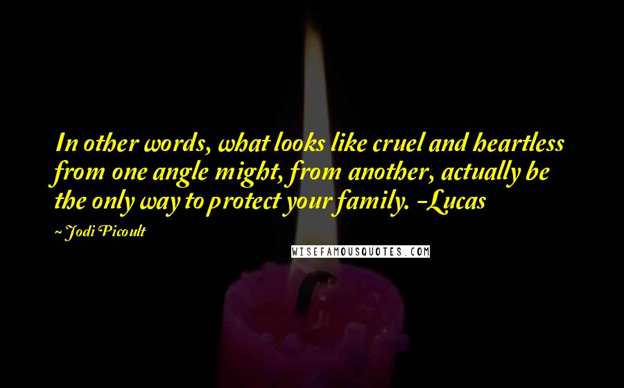 Jodi Picoult Quotes: In other words, what looks like cruel and heartless from one angle might, from another, actually be the only way to protect your family. -Lucas