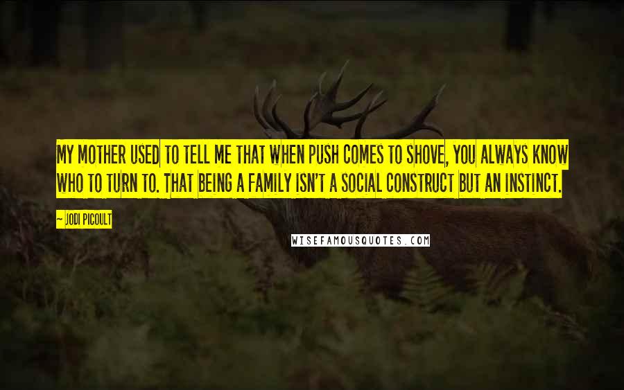 Jodi Picoult Quotes: My mother used to tell me that when push comes to shove, you always know who to turn to. That being a family isn't a social construct but an instinct.