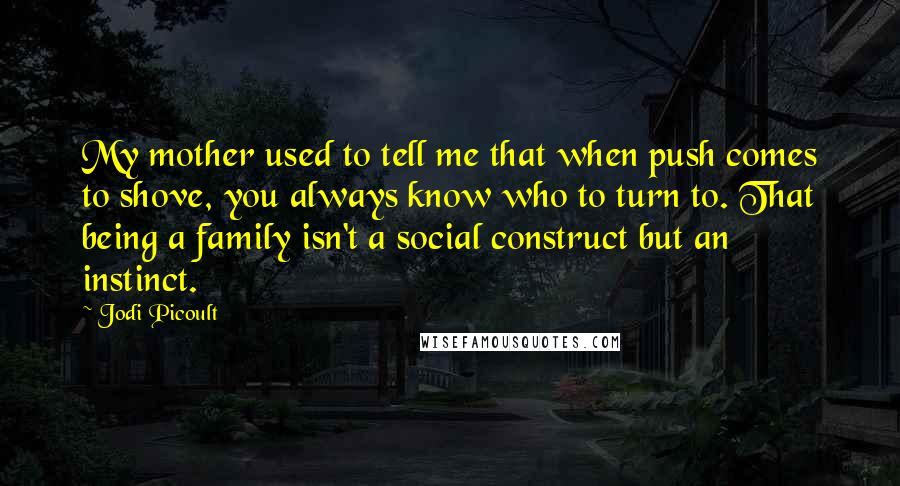 Jodi Picoult Quotes: My mother used to tell me that when push comes to shove, you always know who to turn to. That being a family isn't a social construct but an instinct.