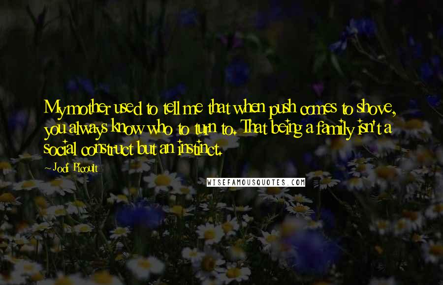 Jodi Picoult Quotes: My mother used to tell me that when push comes to shove, you always know who to turn to. That being a family isn't a social construct but an instinct.