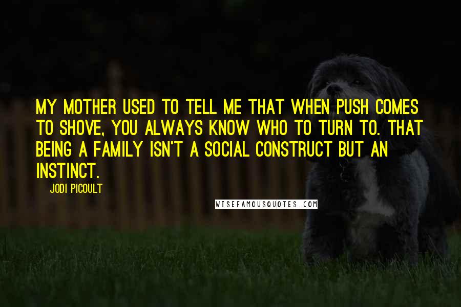 Jodi Picoult Quotes: My mother used to tell me that when push comes to shove, you always know who to turn to. That being a family isn't a social construct but an instinct.