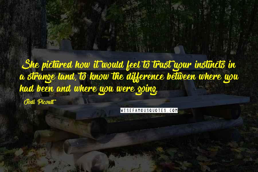 Jodi Picoult Quotes: She pictured how it would feel to trust your instincts in a strange land, to know the difference between where you had been and where you were going.