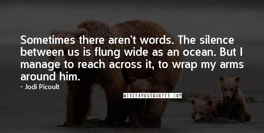 Jodi Picoult Quotes: Sometimes there aren't words. The silence between us is flung wide as an ocean. But I manage to reach across it, to wrap my arms around him.