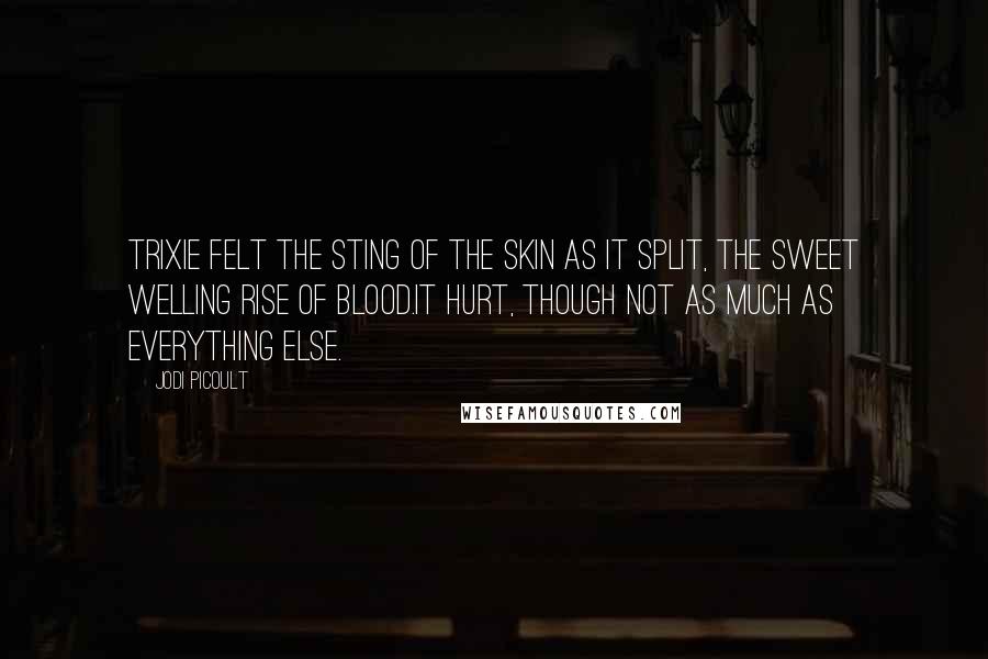 Jodi Picoult Quotes: Trixie felt the sting of the skin as it split, the sweet welling rise of blood.It hurt, though not as much as everything else.