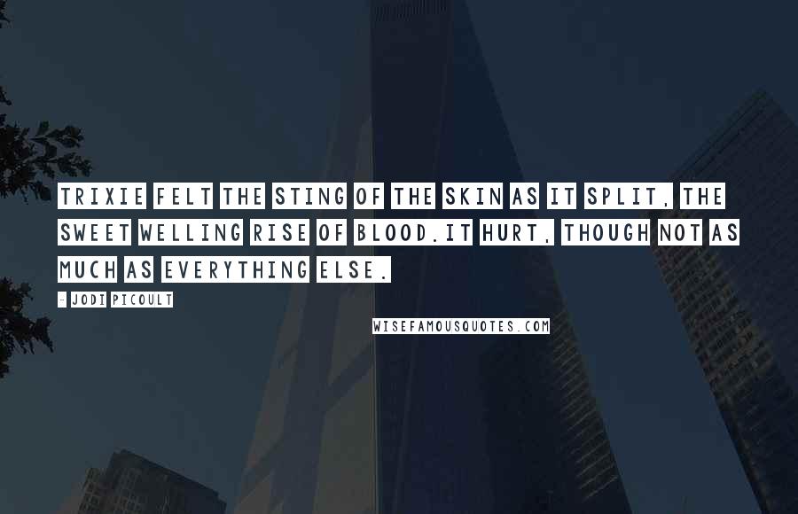 Jodi Picoult Quotes: Trixie felt the sting of the skin as it split, the sweet welling rise of blood.It hurt, though not as much as everything else.