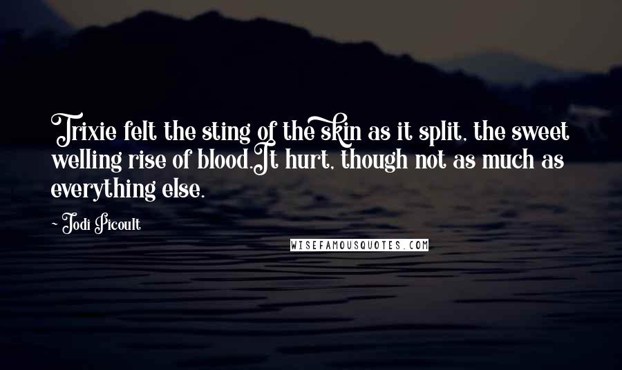 Jodi Picoult Quotes: Trixie felt the sting of the skin as it split, the sweet welling rise of blood.It hurt, though not as much as everything else.