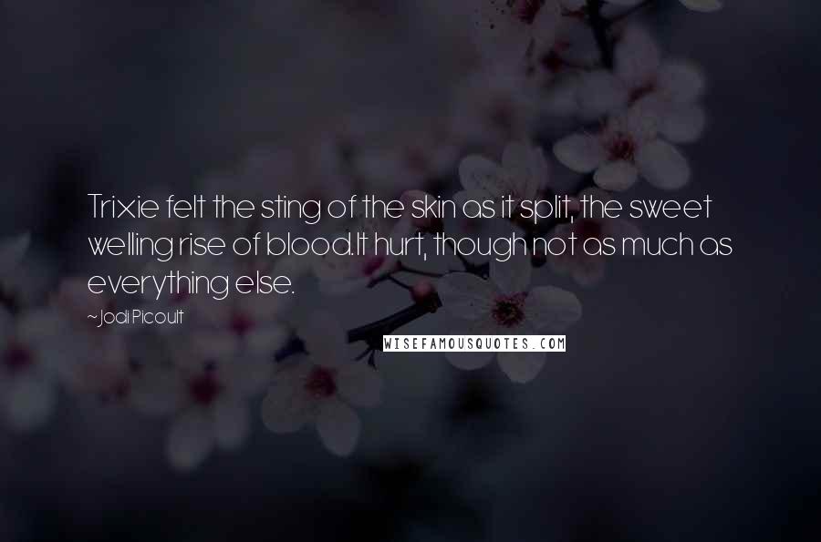 Jodi Picoult Quotes: Trixie felt the sting of the skin as it split, the sweet welling rise of blood.It hurt, though not as much as everything else.