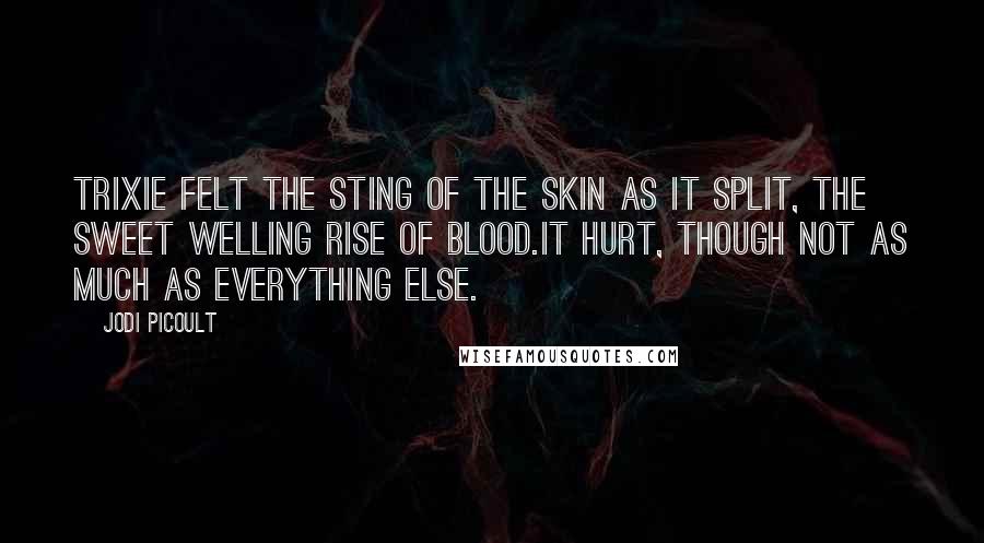 Jodi Picoult Quotes: Trixie felt the sting of the skin as it split, the sweet welling rise of blood.It hurt, though not as much as everything else.