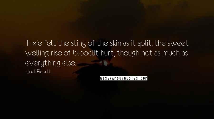Jodi Picoult Quotes: Trixie felt the sting of the skin as it split, the sweet welling rise of blood.It hurt, though not as much as everything else.