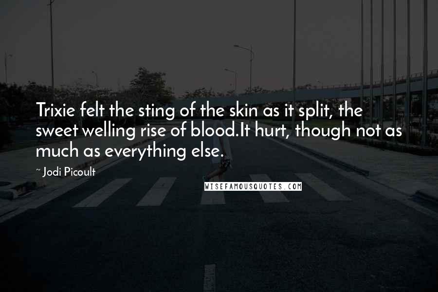 Jodi Picoult Quotes: Trixie felt the sting of the skin as it split, the sweet welling rise of blood.It hurt, though not as much as everything else.