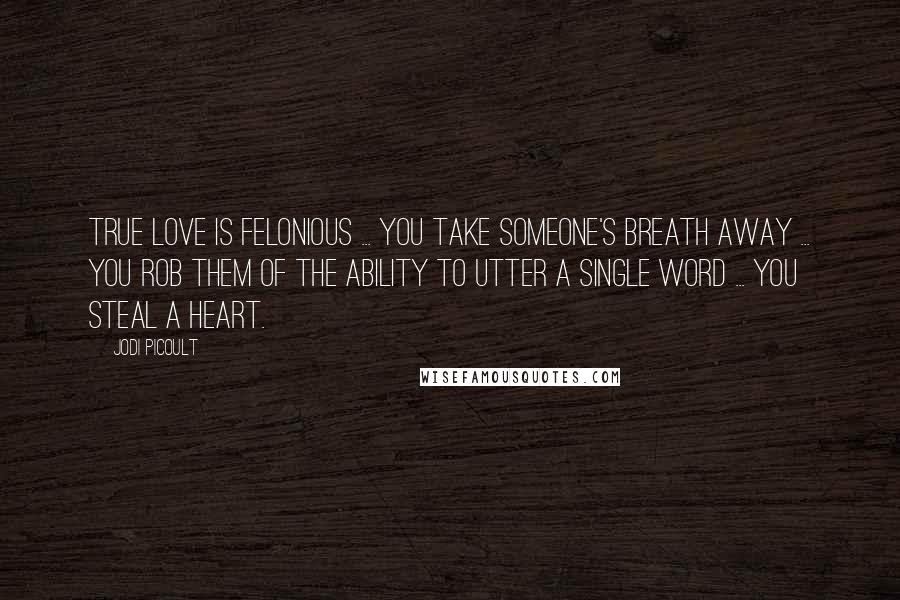 Jodi Picoult Quotes: True love is felonious ... You take someone's breath away ... You rob them of the ability to utter a single word ... You steal a heart.