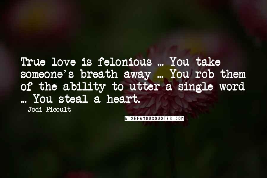 Jodi Picoult Quotes: True love is felonious ... You take someone's breath away ... You rob them of the ability to utter a single word ... You steal a heart.